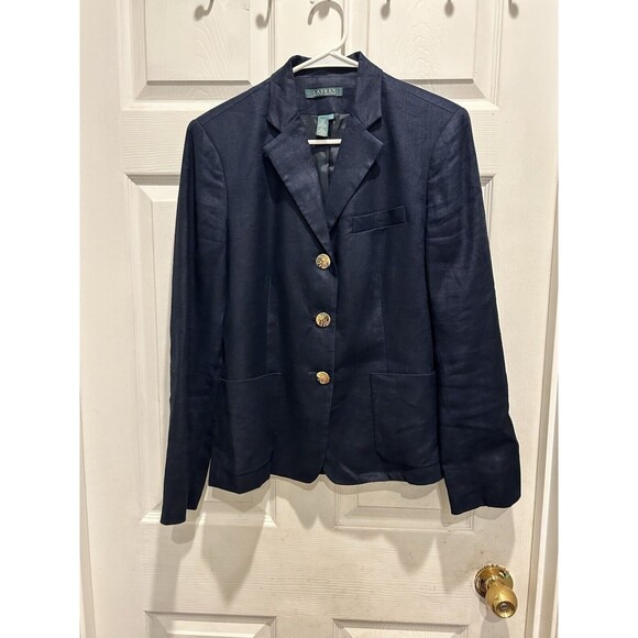 Lauren Ralph Lauren 100% Linen‎ Blazer Jacket Womens 8 Navy Single Breasted Gold - Picture 1 of 7